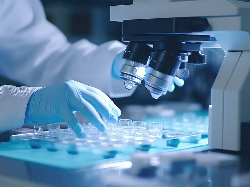 A lab technician working with a microscope