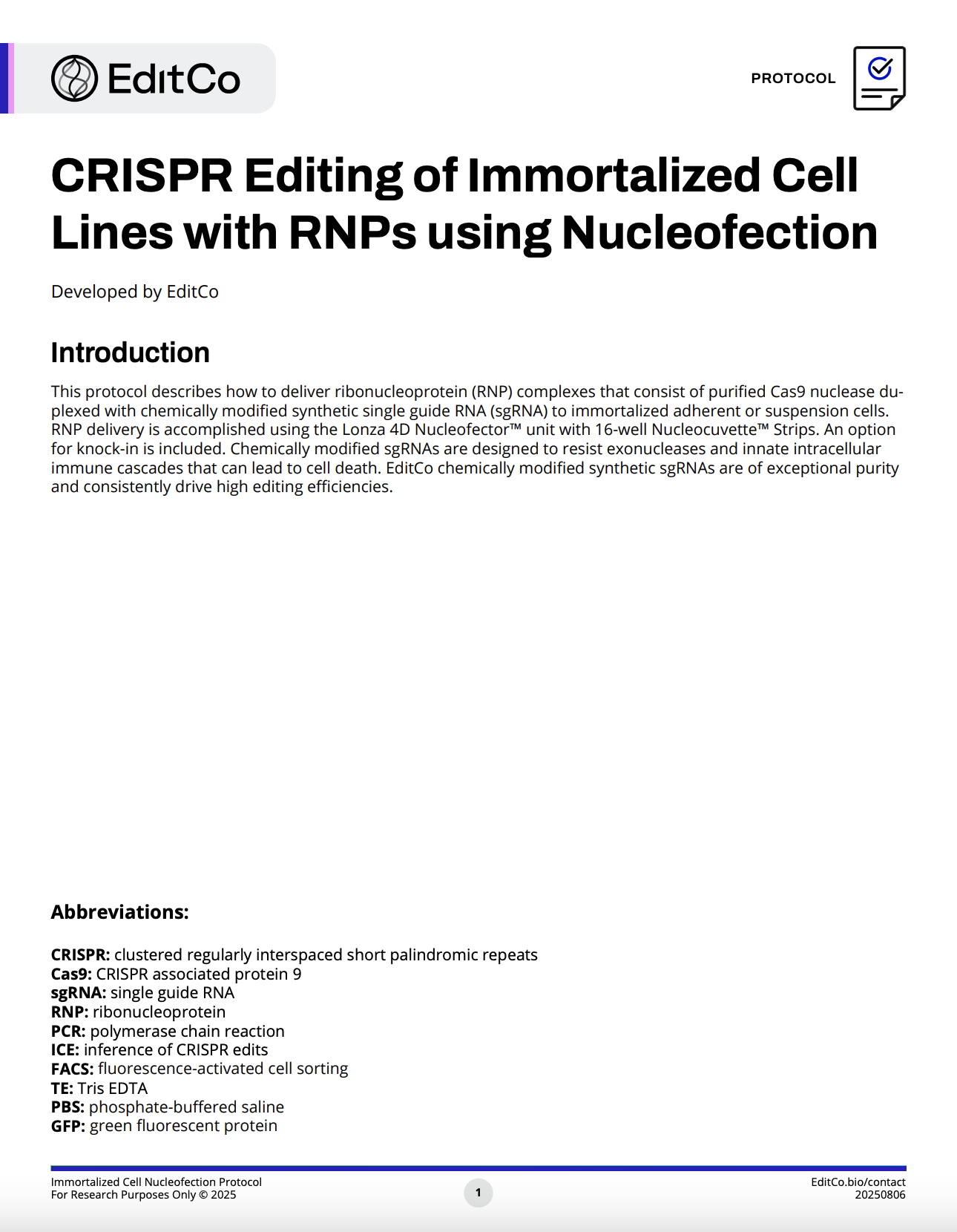 CRISPR Editing of Immortalized Cell  Lines with RNPs using Nucleofection