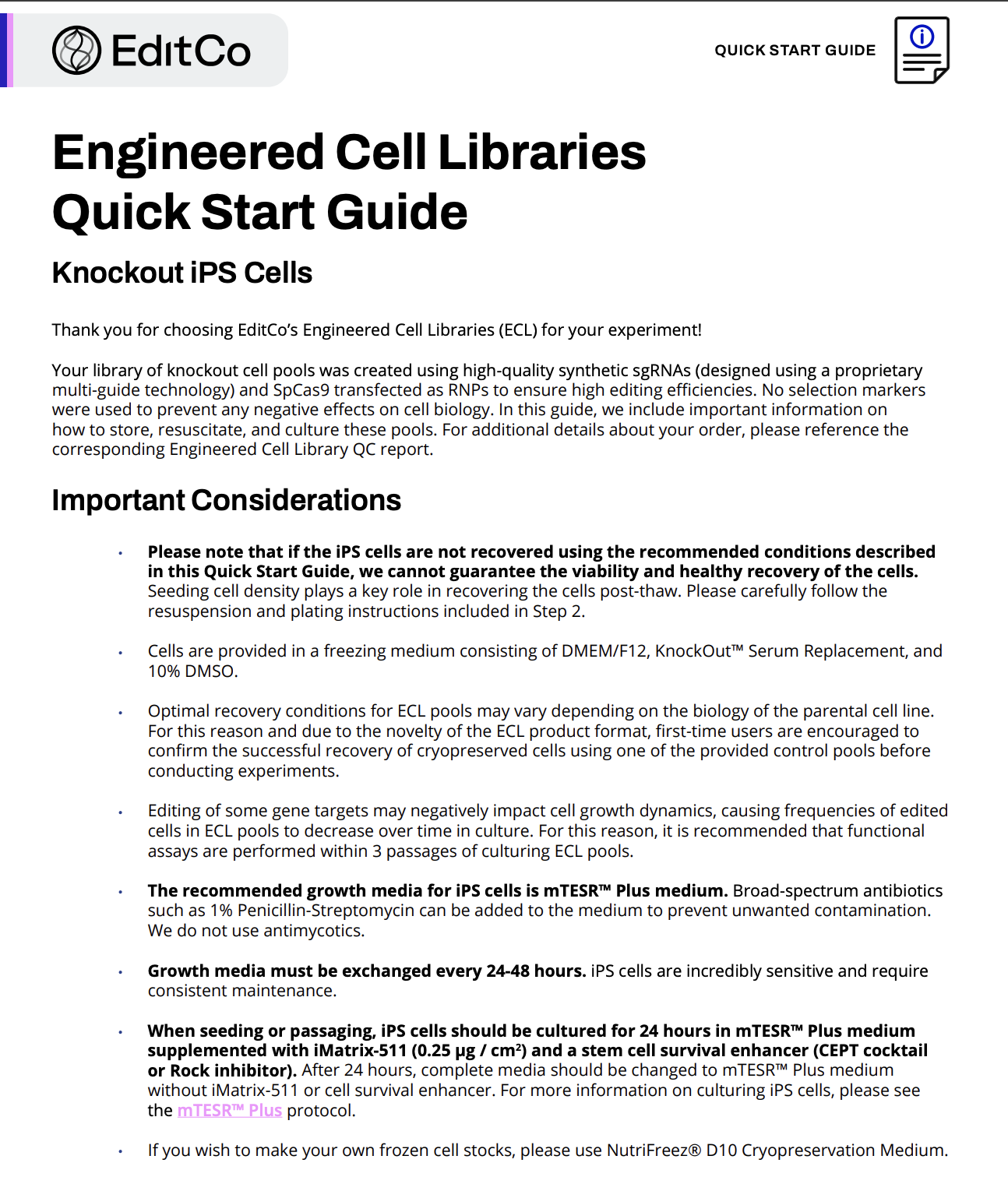 Engineered Cell Libraries Quick Start Guide: Knockout iPS Cells 